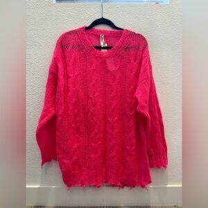 NWT Anthropologie The Posey Stitchy Distressed hot pink wool blend Sweater